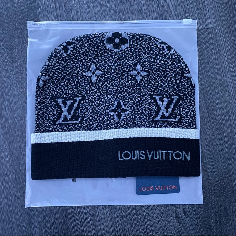 Louis Vuitton Black and White Monogram Knit Cuff Beanie